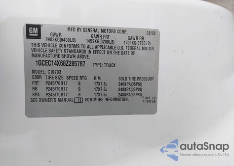 2008 Chevrolet Silverado 1500 Work Truck z USA, uszkodzony, nr VIN 1GCEC14X68Z285787